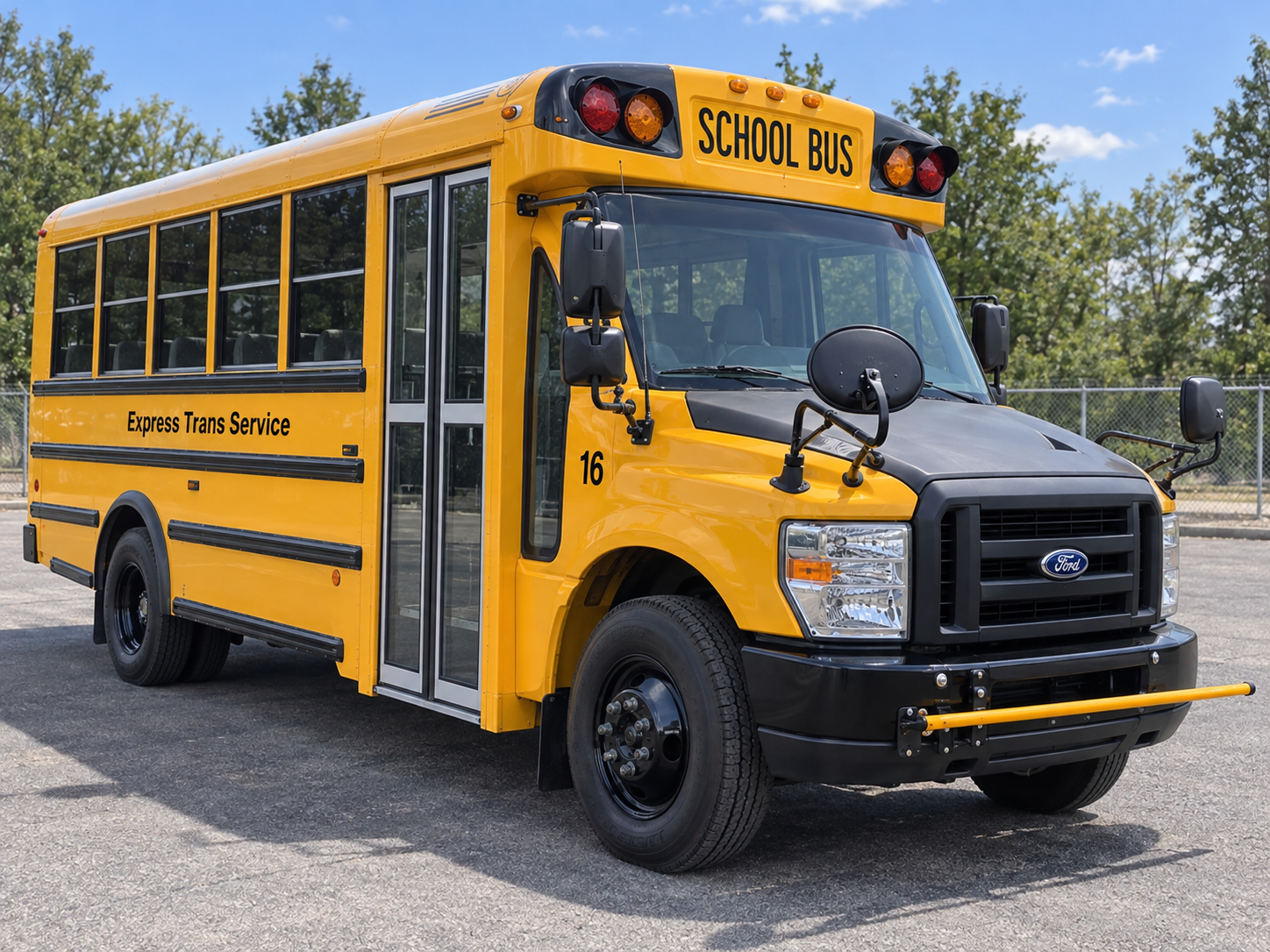 Small yellow school bus with Express Trans Service branding